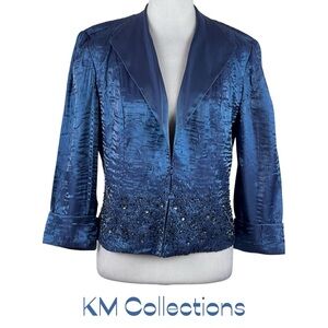 KM Collections Metallic Blue Beaded Jacket Size 8